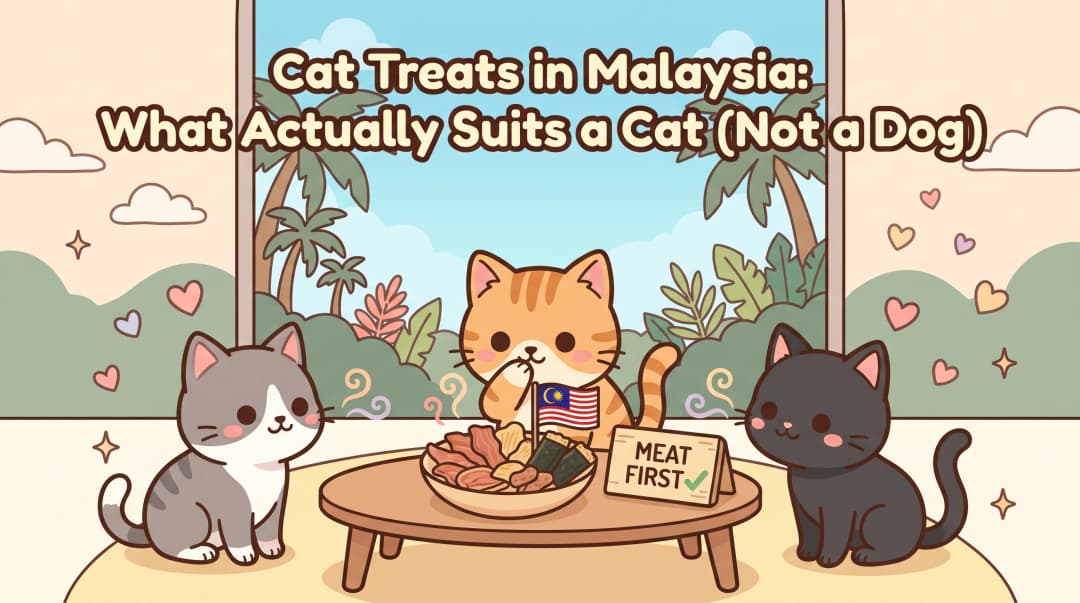 Three cats sniffing a plate of dried meat and seaweed-wrapped Chibi Fluff cat treats in a tropical Malaysian home