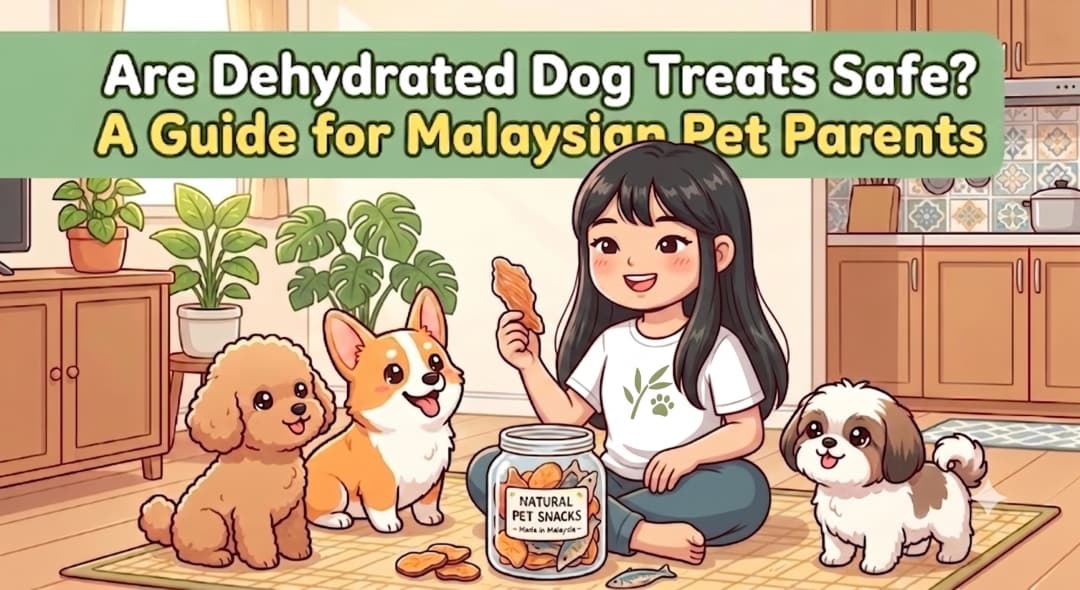 Happy Malaysian pup safely enjoying an artisan dehydrated treat