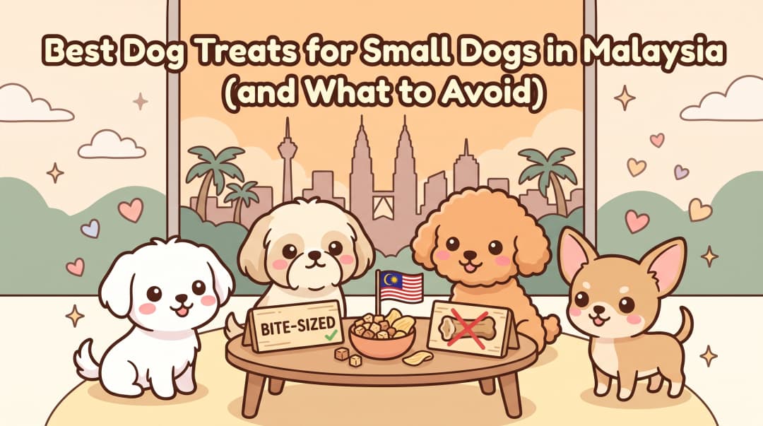 Maltese, Shih Tzu, Toy Poodle and Chihuahua around a table of bite-sized Chibi Fluff treats, Kuala Lumpur skyline behind them